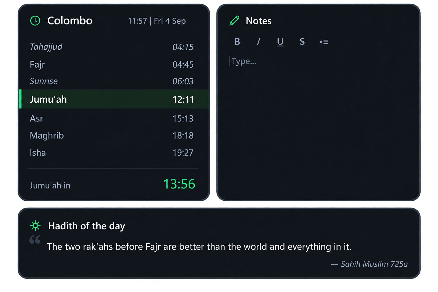 Qudsideen desktop widgets: prayer times for Colombo with a live countdown, a notes pad with formatting tools, and the hadith of the day.